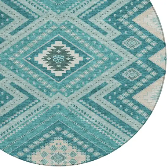 8' Teal Blue And Ivory Round Tribal Washable Indoor Outdoor Area Rug Photo 5