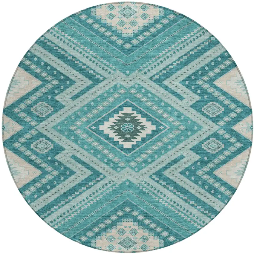 8' Teal Blue And Ivory Round Tribal Washable Indoor Outdoor Area Rug Photo 2