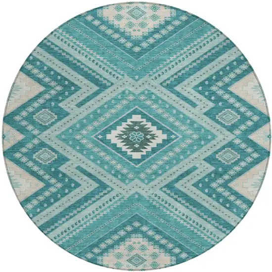 8' Teal Blue And Ivory Round Tribal Washable Indoor Outdoor Area Rug Photo 2