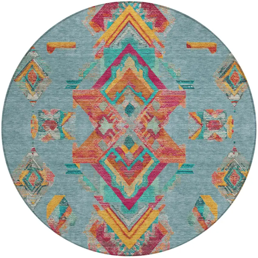8' Teal Blue And Ivory Round Tribal Washable Indoor Outdoor Area Rug Photo 2