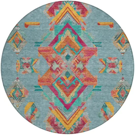 8' Teal Blue And Ivory Round Tribal Washable Indoor Outdoor Area Rug Photo 2
