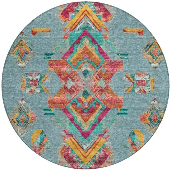 8' Teal Blue And Ivory Round Tribal Washable Indoor Outdoor Area Rug Photo 3