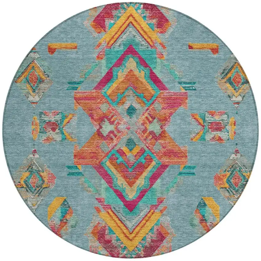 8' Teal Blue And Ivory Round Tribal Washable Indoor Outdoor Area Rug Photo 3
