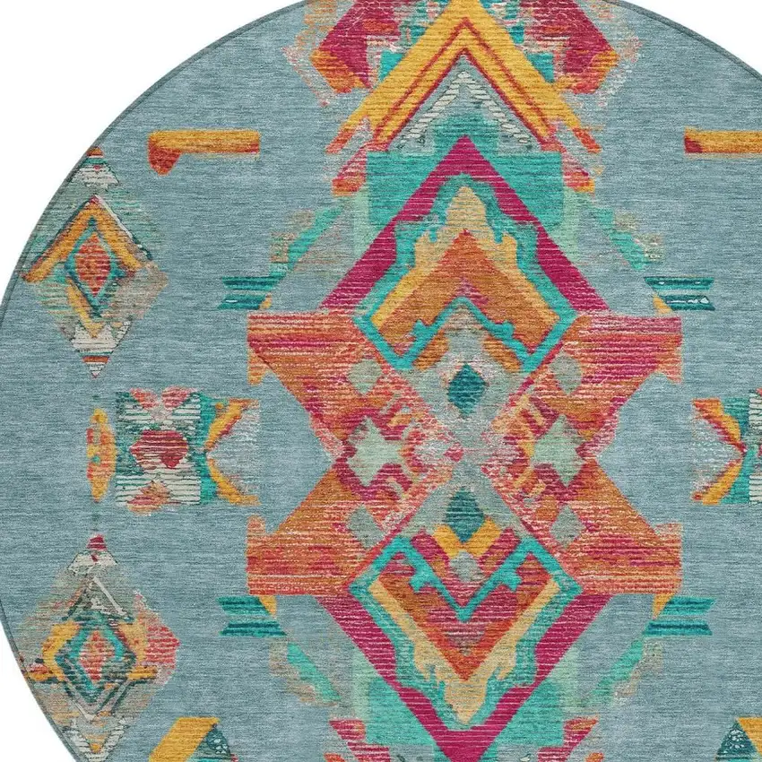 8' Teal Blue And Ivory Round Tribal Washable Indoor Outdoor Area Rug Photo 5