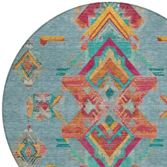 8' Teal Blue And Ivory Round Tribal Washable Indoor Outdoor Area Rug Photo 4
