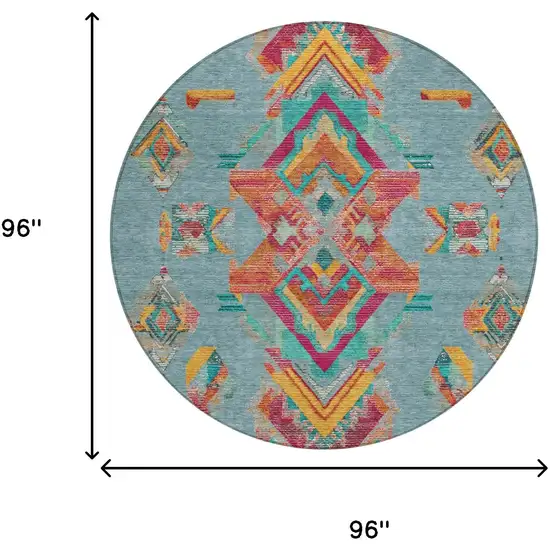 8' Teal Blue And Ivory Round Tribal Washable Indoor Outdoor Area Rug Photo 8