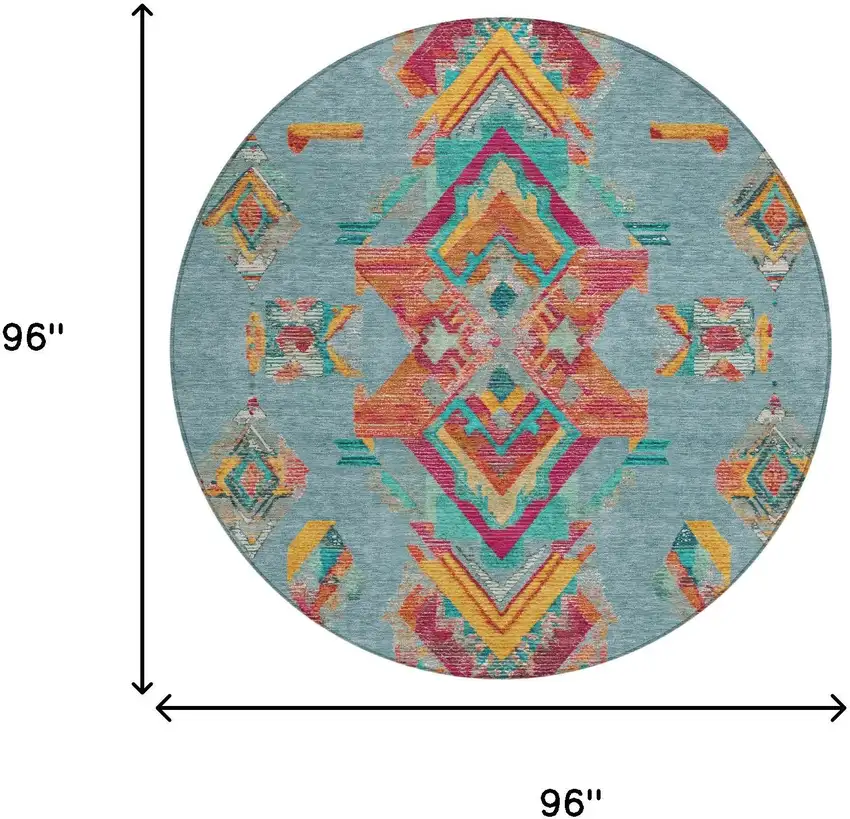 8' Teal Blue And Ivory Round Tribal Washable Indoor Outdoor Area Rug Photo 8