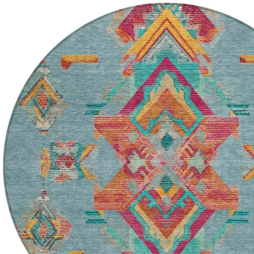 8' Teal Blue And Ivory Round Tribal Washable Indoor Outdoor Area Rug Photo 4