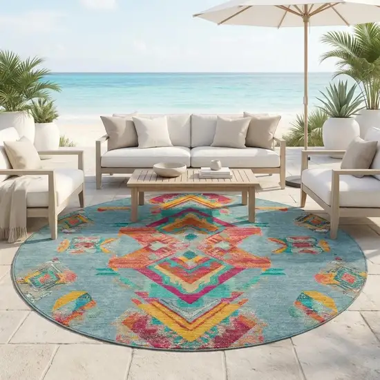 8' Teal Blue And Ivory Round Tribal Washable Indoor Outdoor Area Rug Photo 1