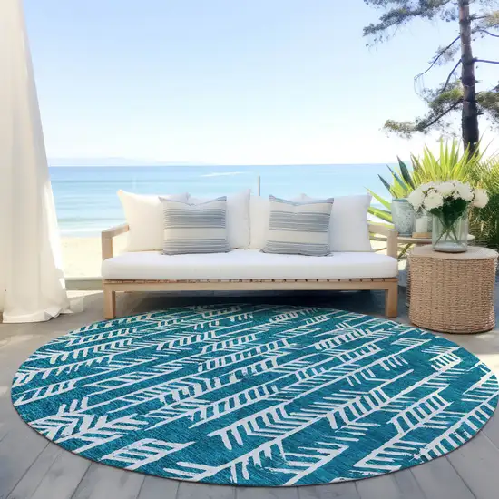 8' Teal Blue And Ivory Round Tribal Washable Indoor Outdoor Area Rug Photo 5