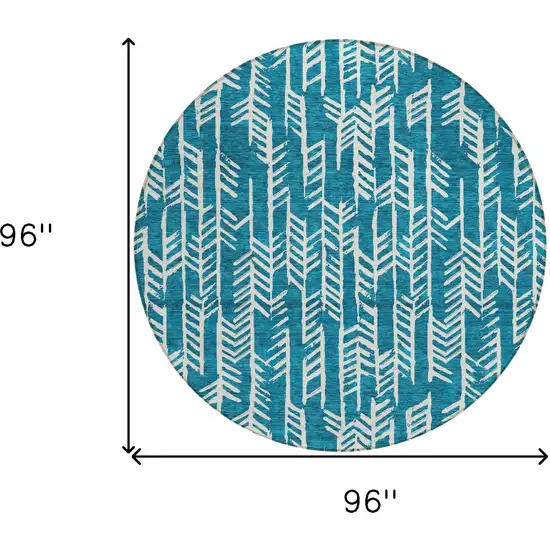 8' Teal Blue And Ivory Round Tribal Washable Indoor Outdoor Area Rug Photo 3