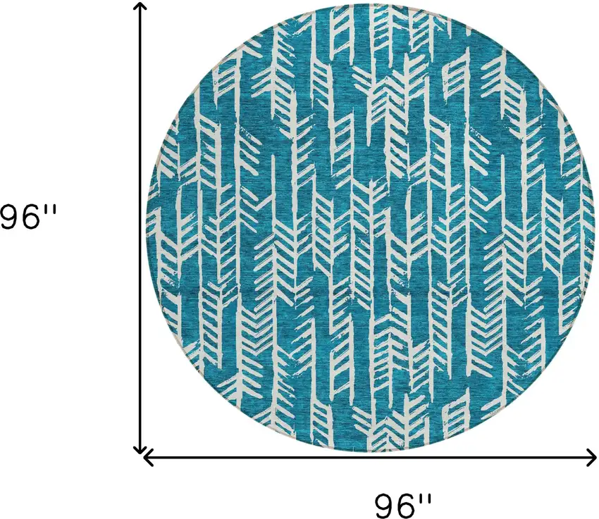 8' Teal Blue And Ivory Round Tribal Washable Indoor Outdoor Area Rug Photo 3
