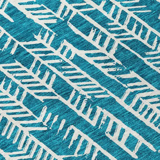 8' Teal Blue And Ivory Round Tribal Washable Indoor Outdoor Area Rug Photo 7