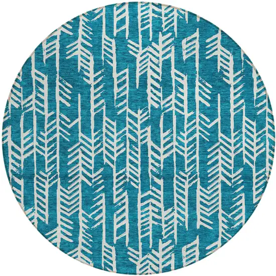 8' Teal Blue And Ivory Round Tribal Washable Indoor Outdoor Area Rug Photo 2