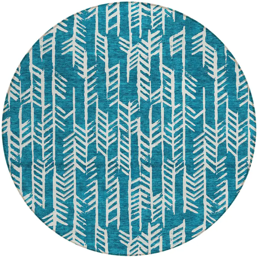 8' Teal Blue And Ivory Round Tribal Washable Indoor Outdoor Area Rug Photo 2