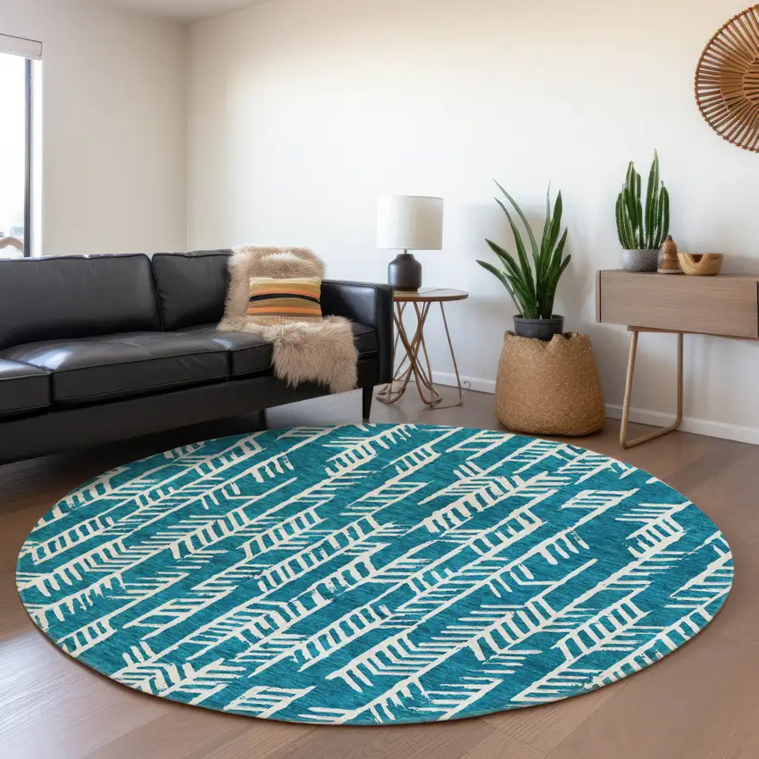 8' Teal Blue And Ivory Round Tribal Washable Indoor Outdoor Area Rug Photo 6