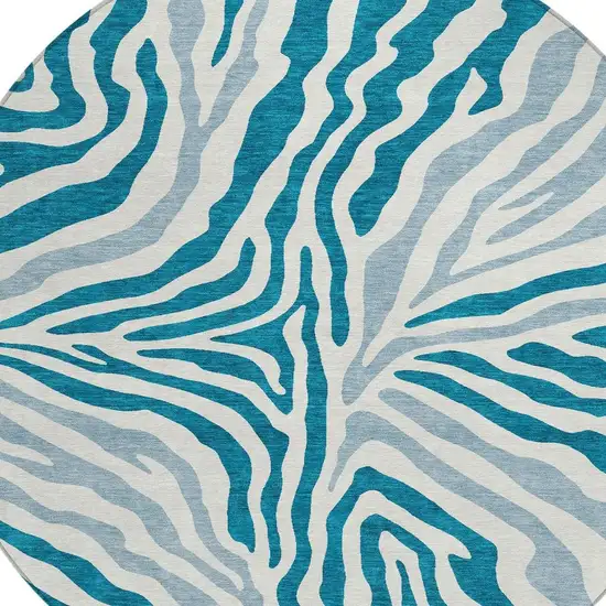 8' Teal Blue And Ivory Round Zebra Print Washable Indoor Outdoor Area Rug Photo 3