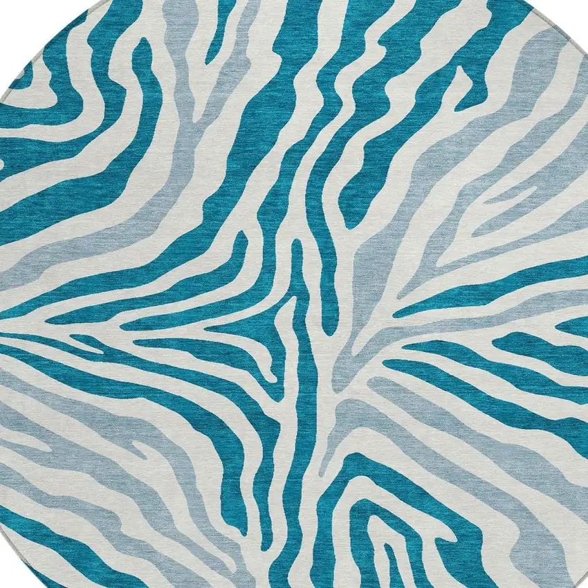 8' Teal Blue And Ivory Round Zebra Print Washable Indoor Outdoor Area Rug Photo 3