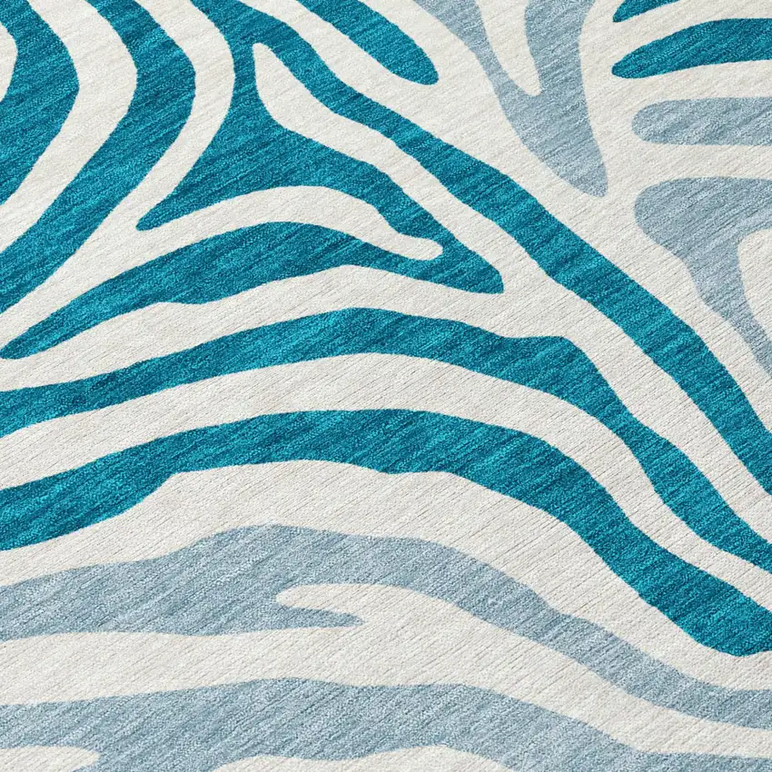 8' Teal Blue And Ivory Round Zebra Print Washable Indoor Outdoor Area Rug Photo 6