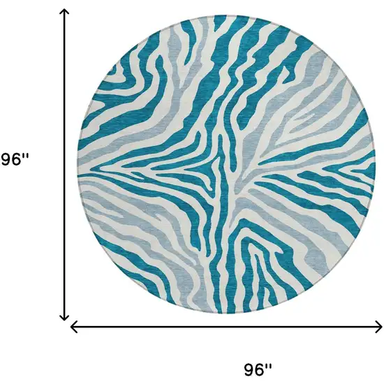 8' Teal Blue And Ivory Round Zebra Print Washable Indoor Outdoor Area Rug Photo 7