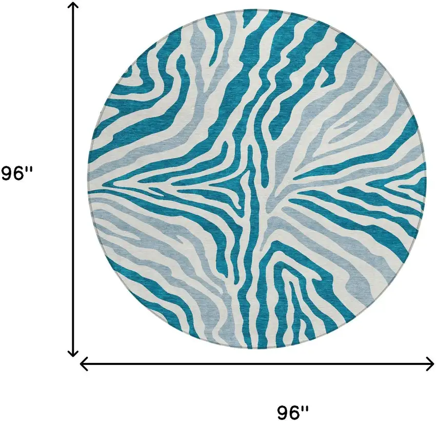 8' Teal Blue And Ivory Round Zebra Print Washable Indoor Outdoor Area Rug Photo 7