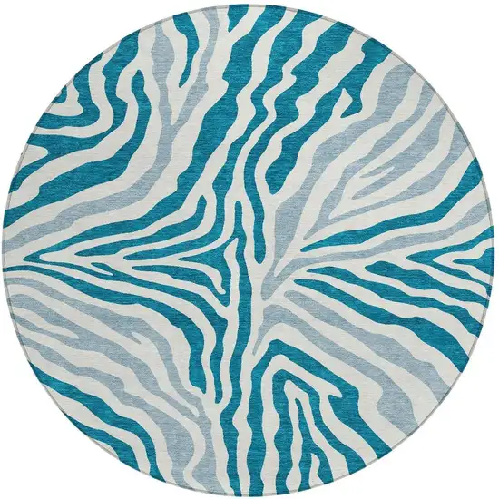 8' Teal Blue And Ivory Round Zebra Print Washable Indoor Outdoor Area Rug Photo 4