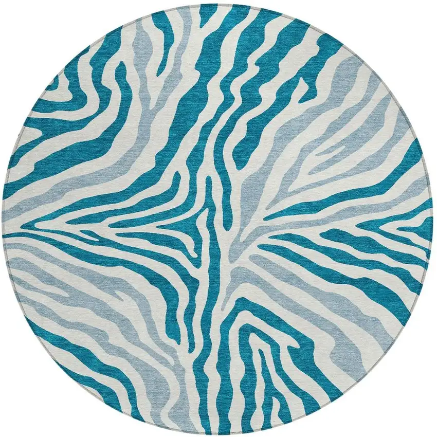 8' Teal Blue And Ivory Round Zebra Print Washable Indoor Outdoor Area Rug Photo 4