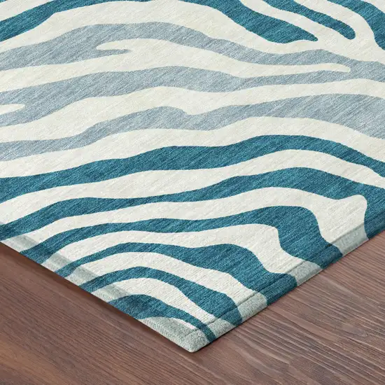 8' Teal Blue And Ivory Round Zebra Print Washable Indoor Outdoor Area Rug Photo 5