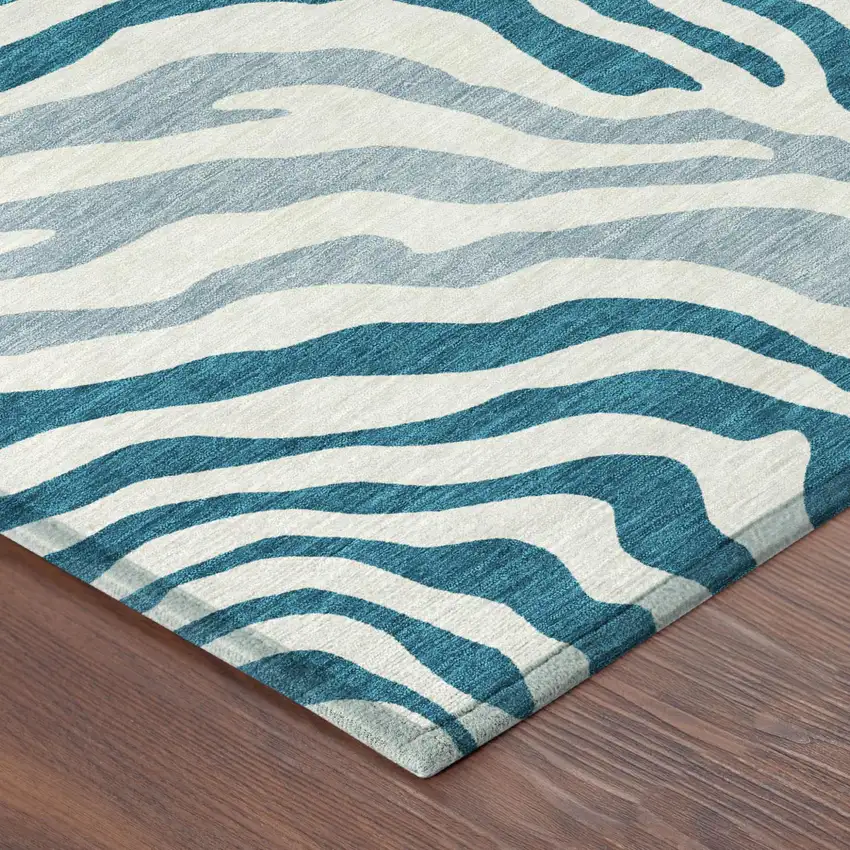 8' Teal Blue And Ivory Round Zebra Print Washable Indoor Outdoor Area Rug Photo 5