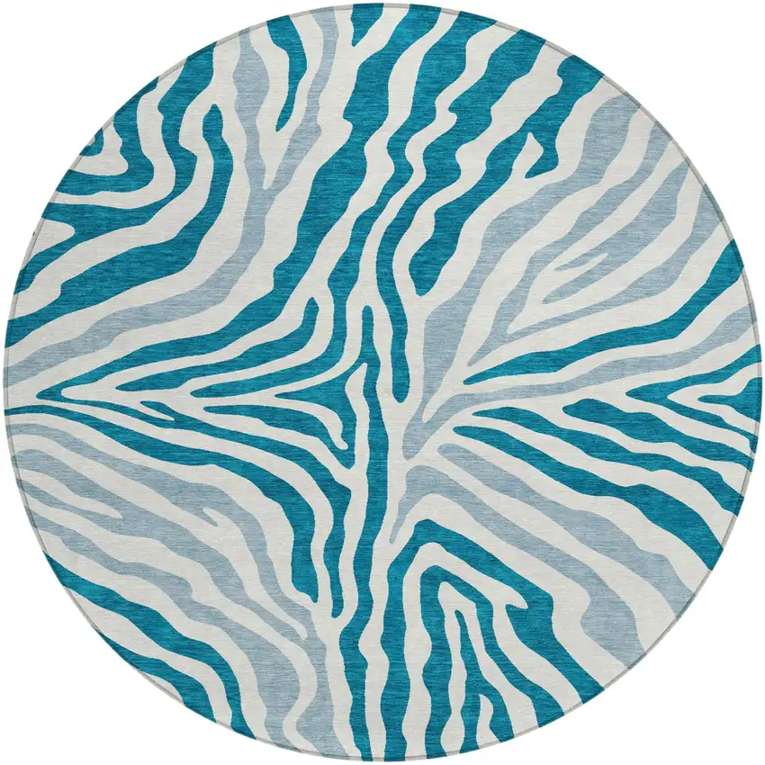 8' Teal Blue And Ivory Round Zebra Print Washable Indoor Outdoor Area Rug Photo 2