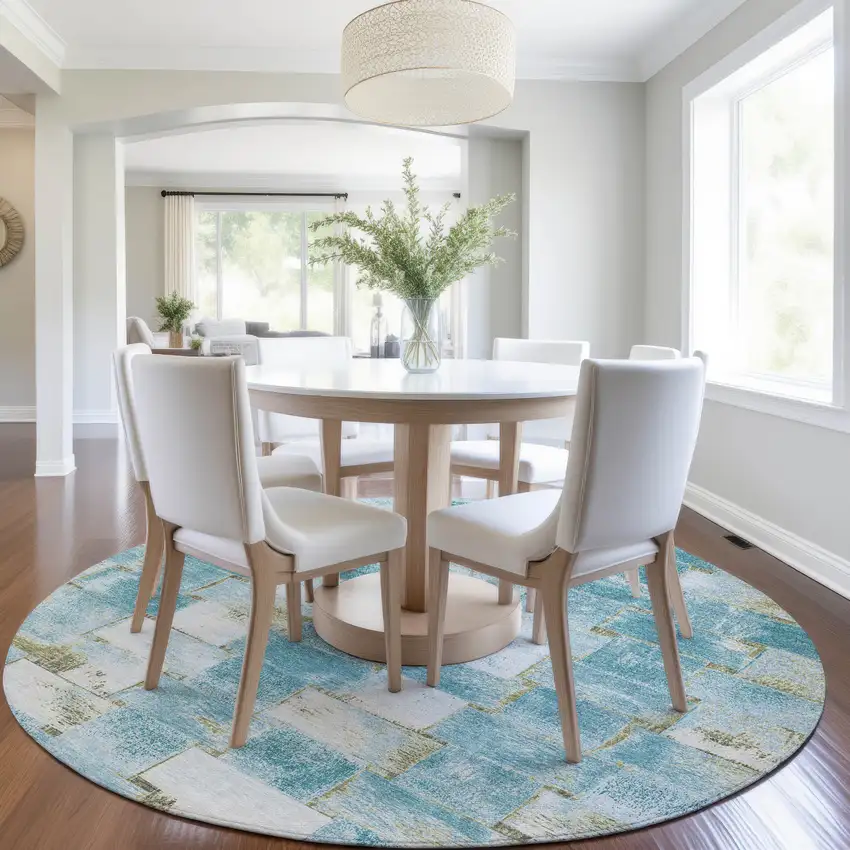 8' Teal Blue And Khaki Round Striped Washable Indoor Outdoor Area Rug Photo 6