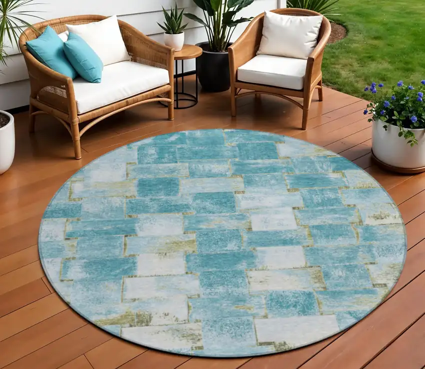 8' Teal Blue And Khaki Round Striped Washable Indoor Outdoor Area Rug Photo 2