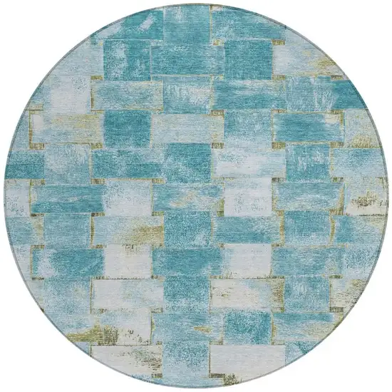 8' Teal Blue And Khaki Round Striped Washable Indoor Outdoor Area Rug Photo 3