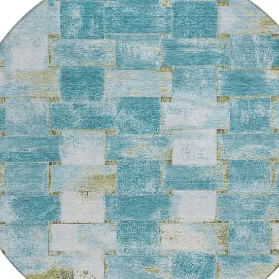 8' Teal Blue And Khaki Round Striped Washable Indoor Outdoor Area Rug Photo 4