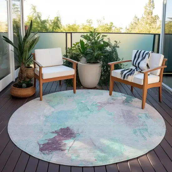 8' Teal Blue And Lavender Round Abstract Washable Indoor Outdoor Area Rug Photo 5