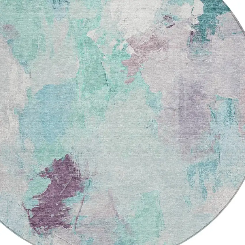 8' Teal Blue And Lavender Round Abstract Washable Indoor Outdoor Area Rug Photo 8