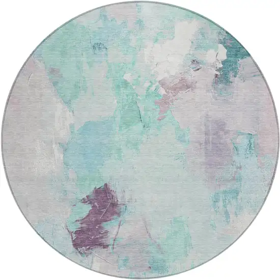 8' Teal Blue And Lavender Round Abstract Washable Indoor Outdoor Area Rug Photo 1