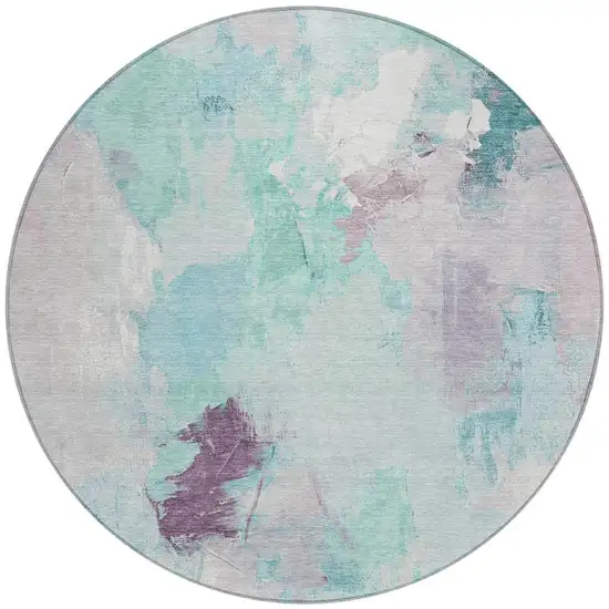 8' Teal Blue And Lavender Round Abstract Washable Indoor Outdoor Area Rug Photo 3