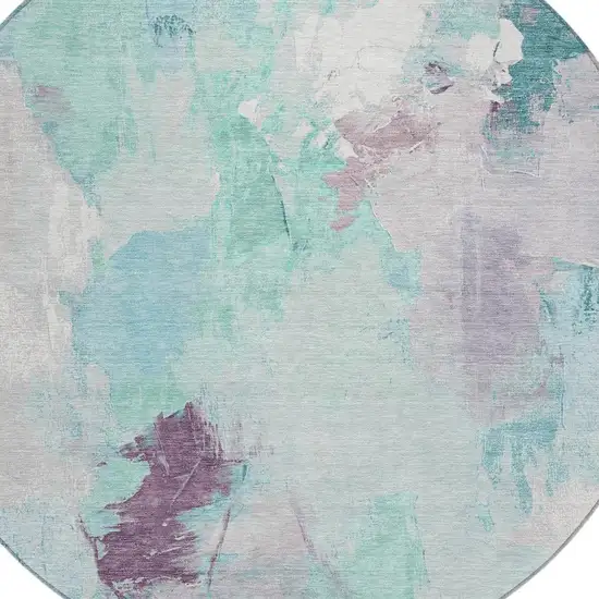 8' Teal Blue And Lavender Round Abstract Washable Indoor Outdoor Area Rug Photo 4