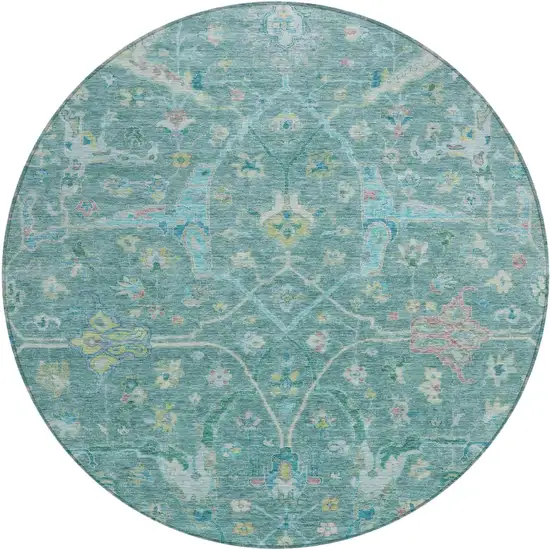 8' Teal Blue And Lime Green Round Floral Washable Indoor Outdoor Area Rug Photo 2