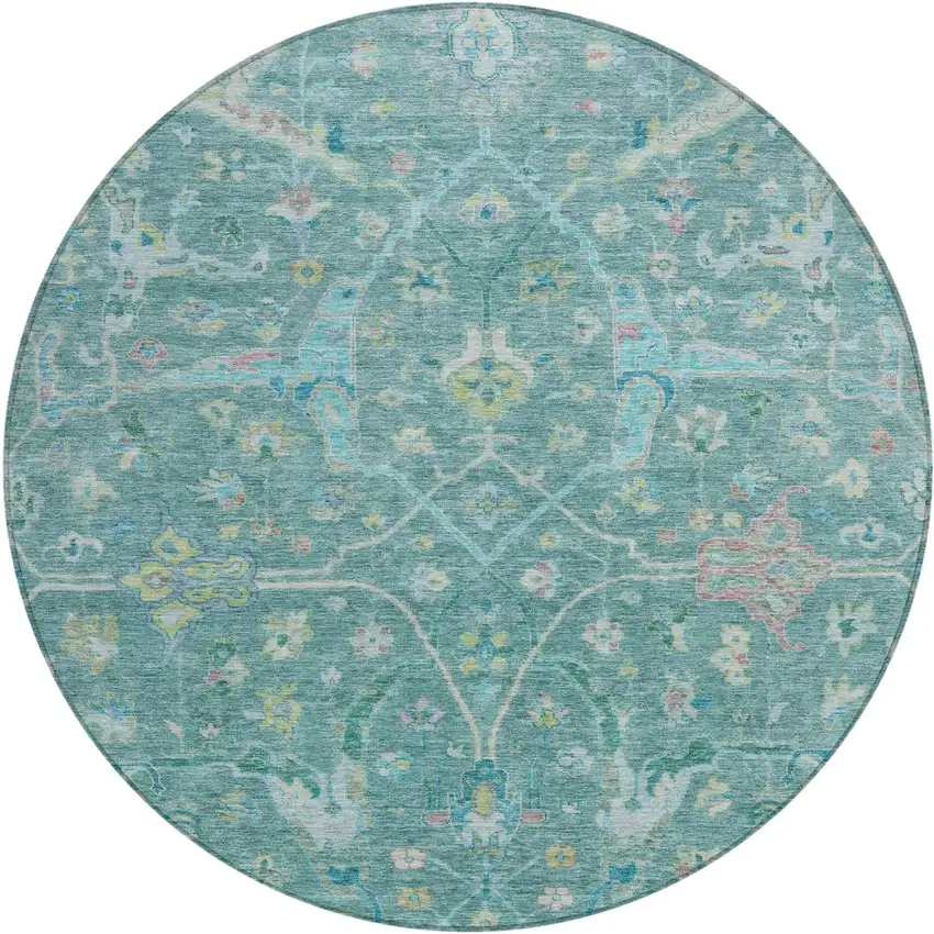 8' Teal Blue And Lime Green Round Floral Washable Indoor Outdoor Area Rug Photo 2
