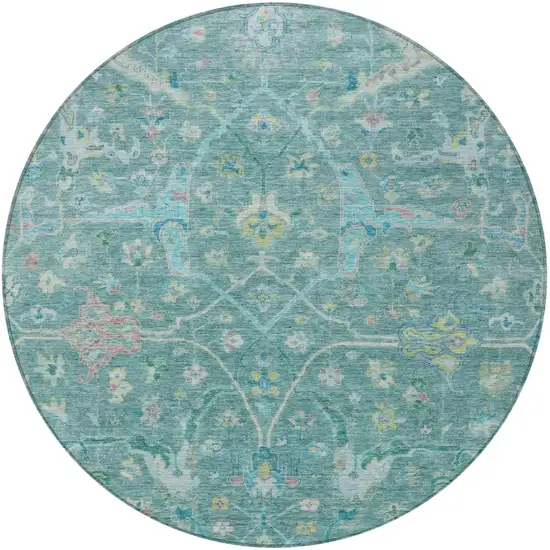 8' Teal Blue And Lime Green Round Floral Washable Indoor Outdoor Area Rug Photo 4