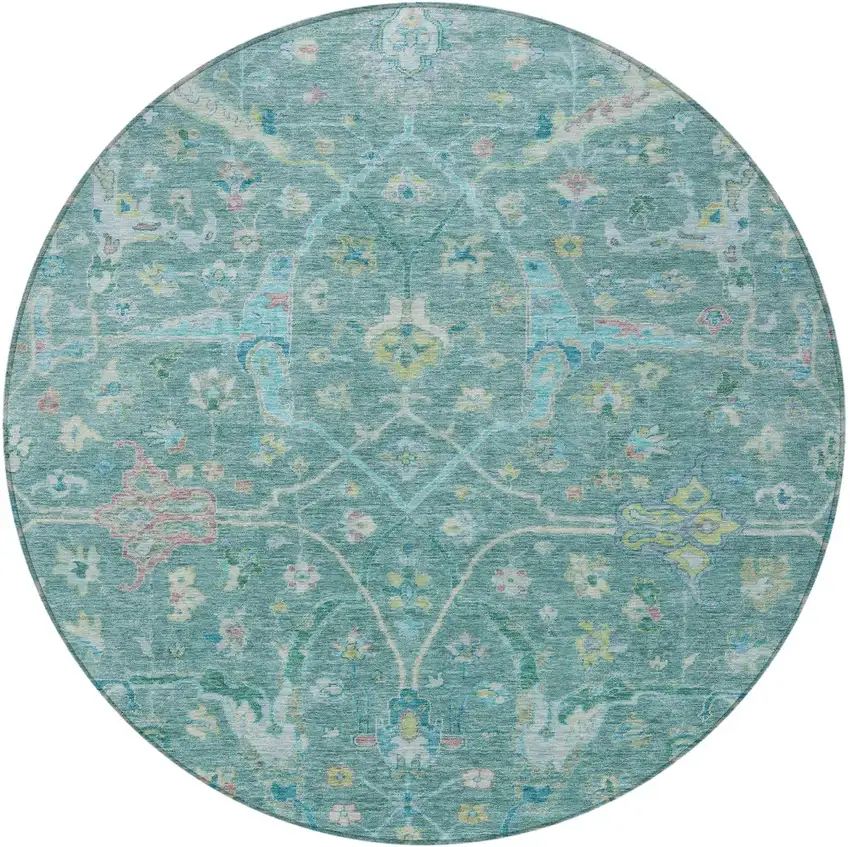 8' Teal Blue And Lime Green Round Floral Washable Indoor Outdoor Area Rug Photo 4