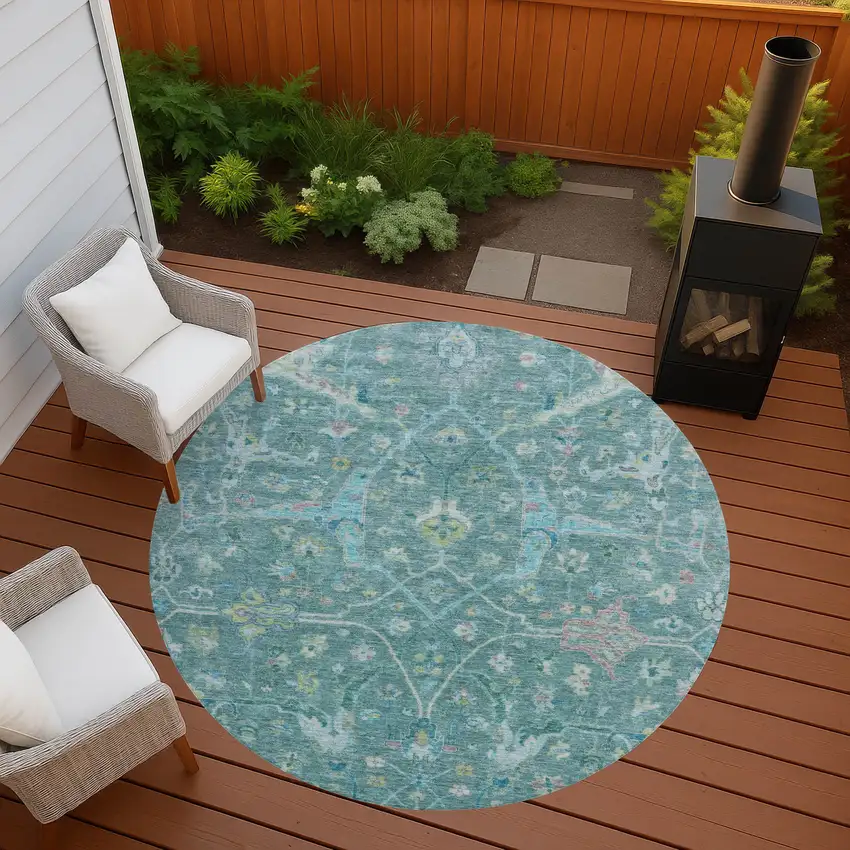 8' Teal Blue And Lime Green Round Floral Washable Indoor Outdoor Area Rug Photo 8