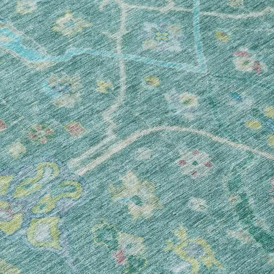 8' Teal Blue And Lime Green Round Floral Washable Indoor Outdoor Area Rug Photo 7