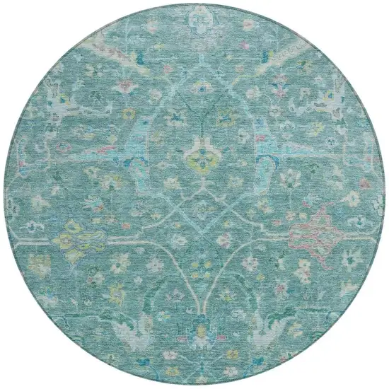 8' Teal Blue And Lime Green Round Floral Washable Indoor Outdoor Area Rug Photo 4