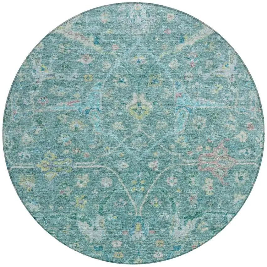 8' Teal Blue And Lime Green Round Floral Washable Indoor Outdoor Area Rug Photo 4