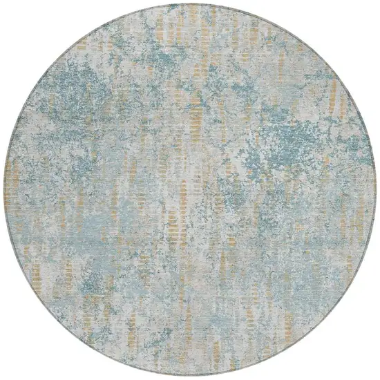 8' Teal Blue And Linen Round Abstract Washable Indoor Outdoor Area Rug Photo 4
