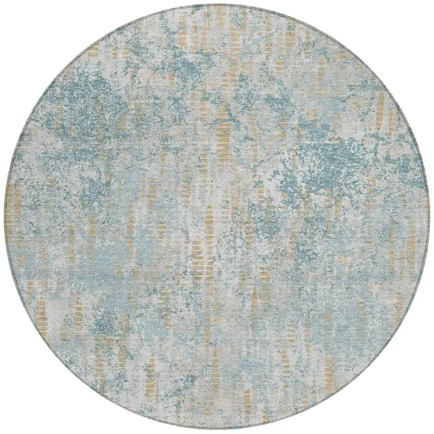 8' Teal Blue And Linen Round Abstract Washable Indoor Outdoor Area Rug Photo 4