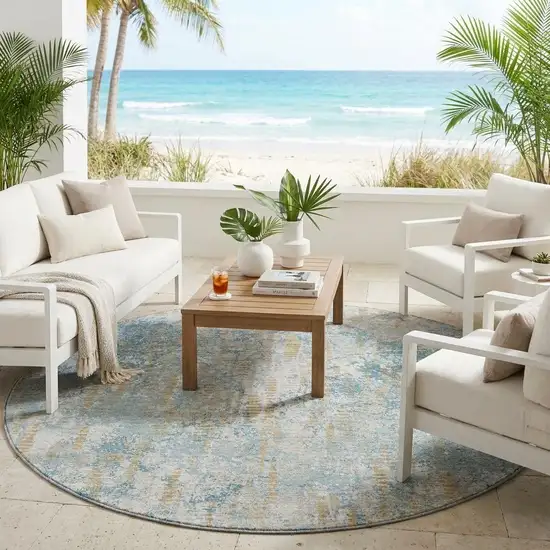 8' Teal Blue And Linen Round Abstract Washable Indoor Outdoor Area Rug Photo 1